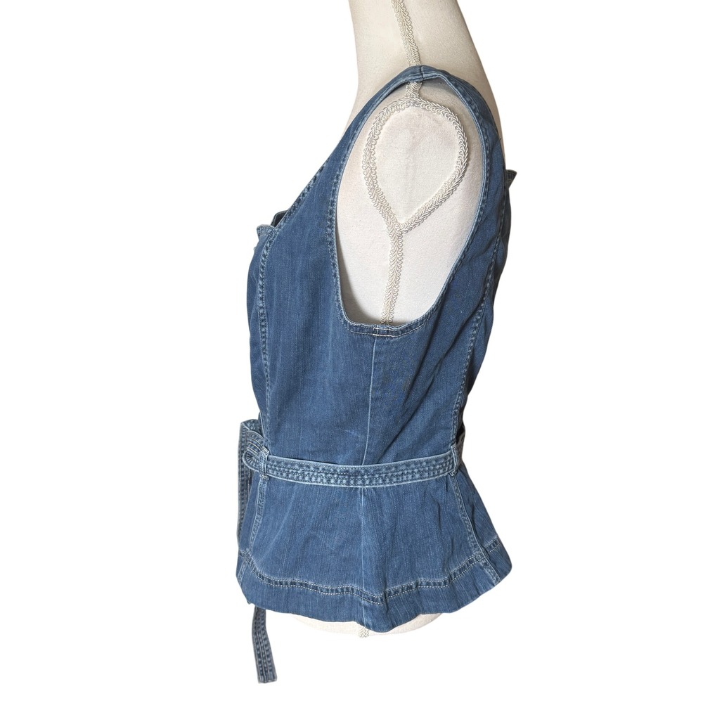 White House Black Market Topstitch Denim Bodice‎ Peplum Belted Top Blue 14 NWT - Picture 10 of 13